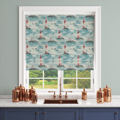 Lighthouse Blue blind made from cotton curtain fabric with red and white lighthouse and coastal scene