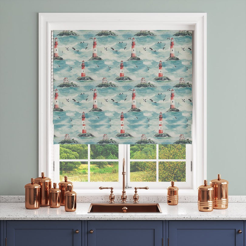 Lighthouse Blue blind made from cotton curtain fabric with red and white lighthouse and coastal scene
