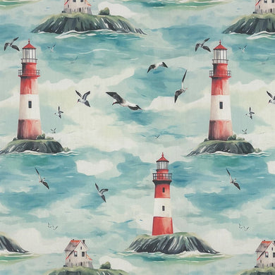 Flat image of Lighthouse Blue cotton curtain fabric featuring painterly sea, sky and lighthouse design