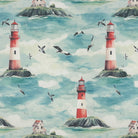 Flat image of Lighthouse Blue cotton curtain fabric featuring painterly sea, sky and lighthouse design