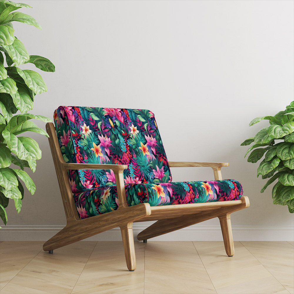 Lima velvet upholstery fabric on accent chair – bold floral velvet fabric in vibrant tropical colours for curtains and upholstery