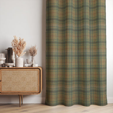 Lochy Olive plaid curtain fabric used for full-length drapes in a neutral living room