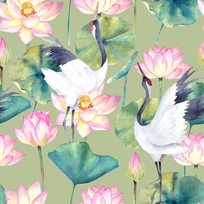 green crane velvet upholstery fabric with lotus flowers and japanese bird design printed textile close up