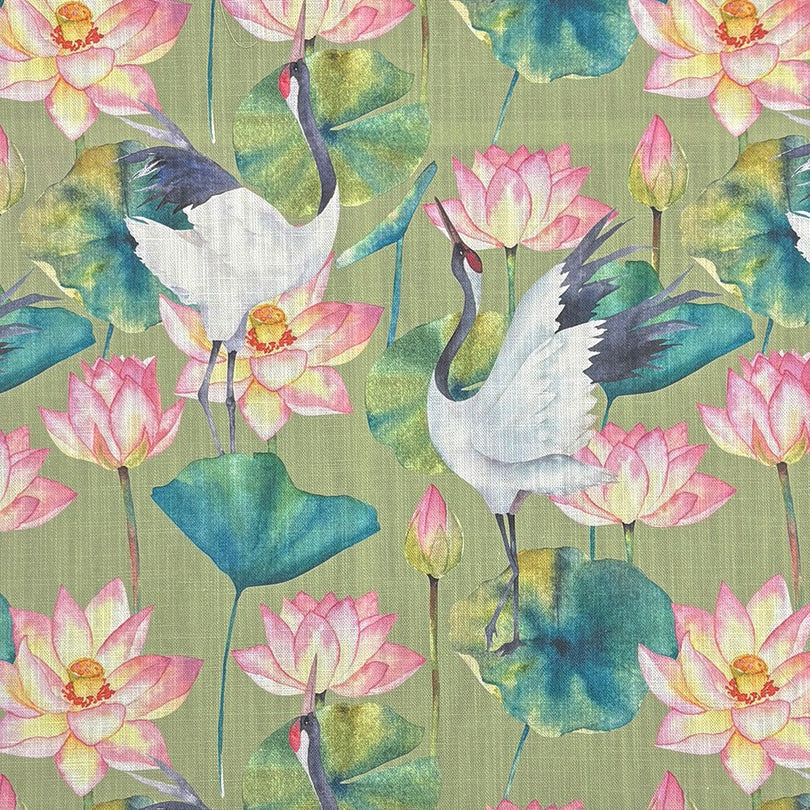 Lotus Lake Green upholstery fabric with painted cranes and pink lotus flowers on a botanical green background