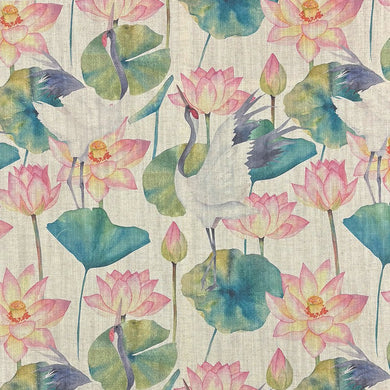 Lotus Lake Natural upholstery fabric featuring cranes and lotus flowers on a soft linen-textured basecloth
