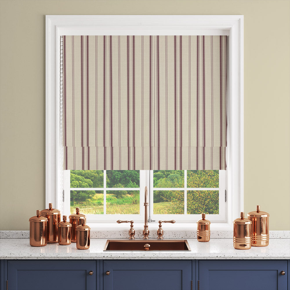 Lowick Stripe burgundy striped curtain fabric made into a Roman blind