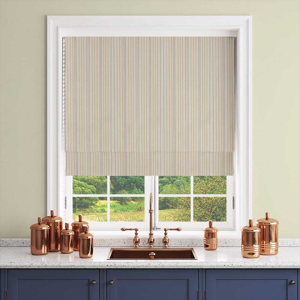 Lowick Stripe lilac ochre striped curtain fabric made into a Roman blind