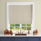 Lowick Stripe lilac ochre striped curtain fabric made into a Roman blind