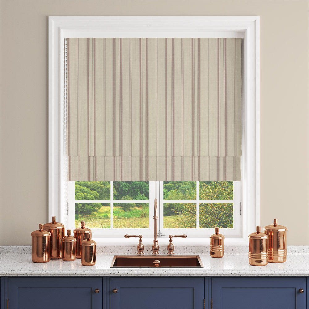 Lowick Stripe natural striped curtain fabric shown as a Roman blind room image