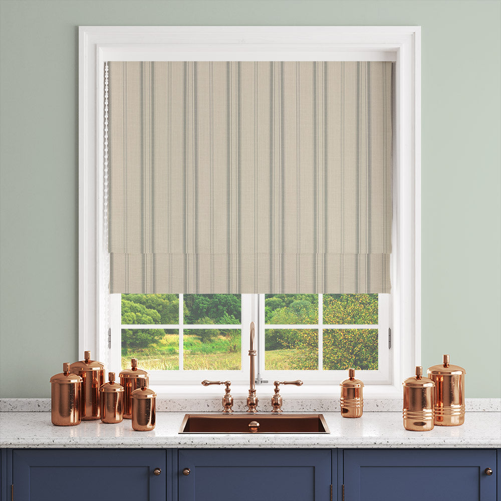 Lowick Stripe seafoam green striped curtain fabric shown as a Roman blind