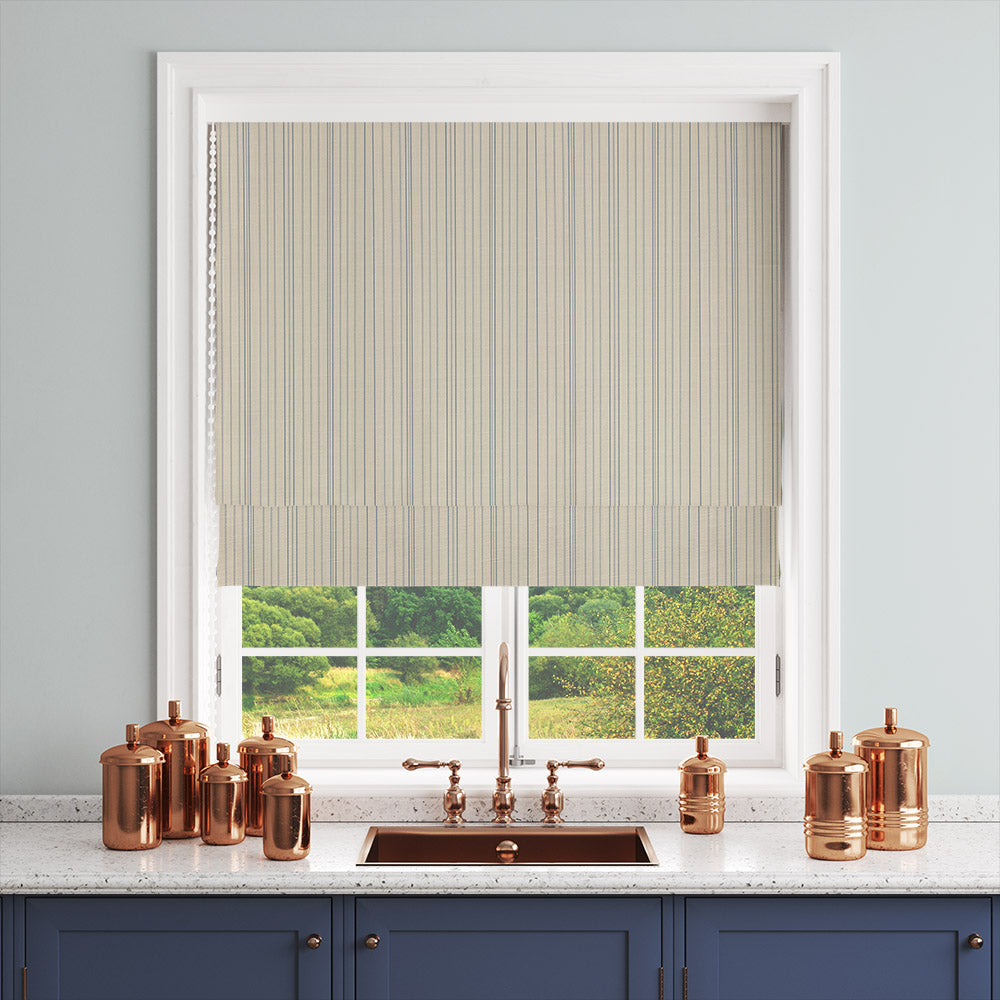 Lowick Stripe sky blue curtain fabric displayed as a Roman blind roomset