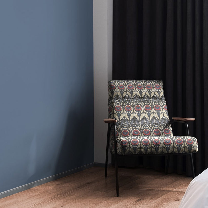 Mackintosh Navy Upholstery Fabric – accent chair upholstered in navy and red geometric floral fabric with natural base