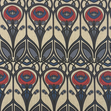 Mackintosh Navy Upholstery Fabric – flat image showing bold geometric floral design in navy and red tones on natural background