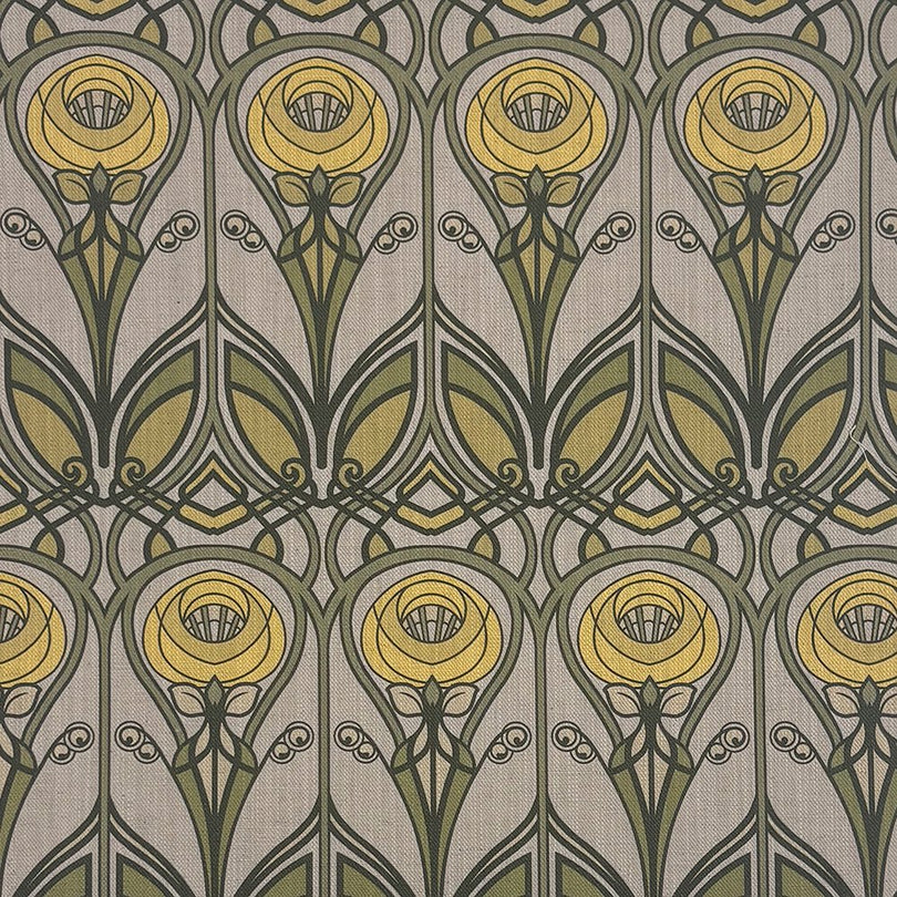 Mackintosh Ochre Upholstery Fabric – flat image with bold floral geometric motif in ochre yellow and green on neutral background