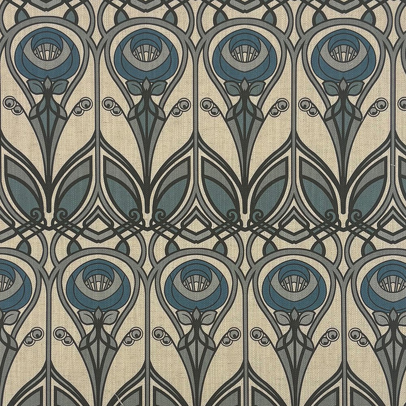 Mackintosh Teal Upholstery Fabric – flat image of geometric floral motif in teal blue and grey on a neutral background