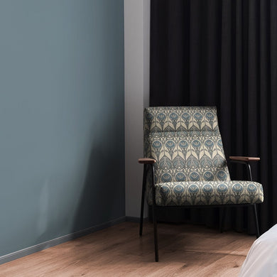 Mackintosh Teal Upholstery Fabric – accent chair upholstered in teal and grey geometric floral fabric with Art Nouveau influence