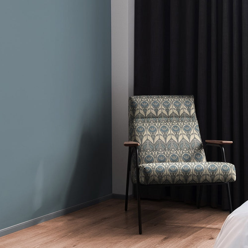 Mackintosh Teal Upholstery Fabric – accent chair upholstered in teal and grey geometric floral fabric with Art Nouveau influence