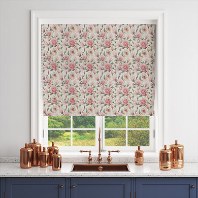 Magnolia Pink Linen Curtain Fabric styled as a Roman blind with floral pattern in soft pink tones