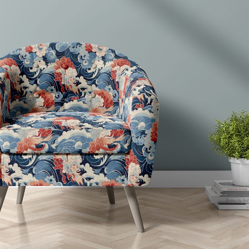 Magome velvet upholstery fabric on accent chair – blue Japanese wave patterned velvet fabric for curtains and upholstery