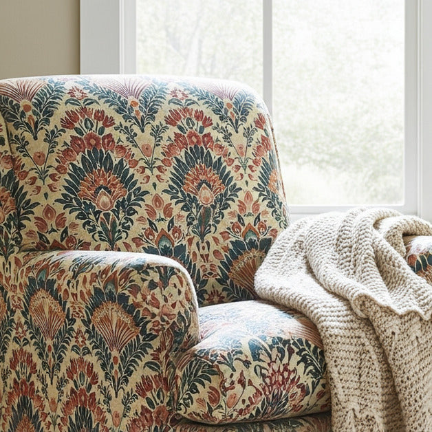 Bohemian-inspired floral upholstery fabric on a lounge chair, paired with a textured knit throw by a window