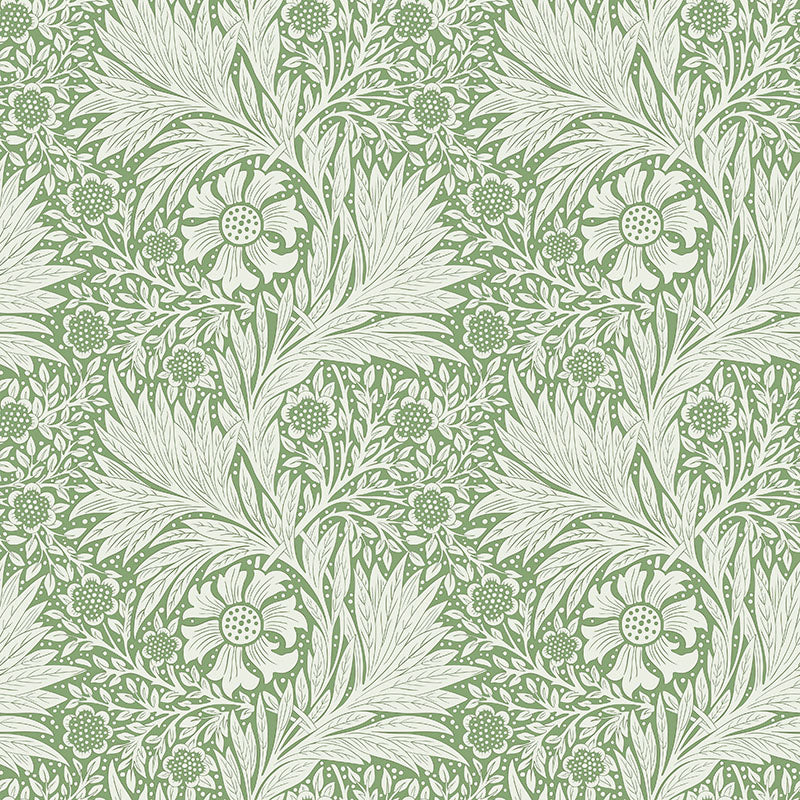 Green William Morris Marigold velvet upholstery fabric with scrolling flowers and leaves