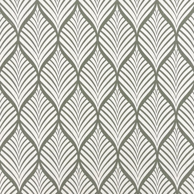 Close-up of Marlow Fennel on white linen background, showing geometric leaf upholstery fabric design.