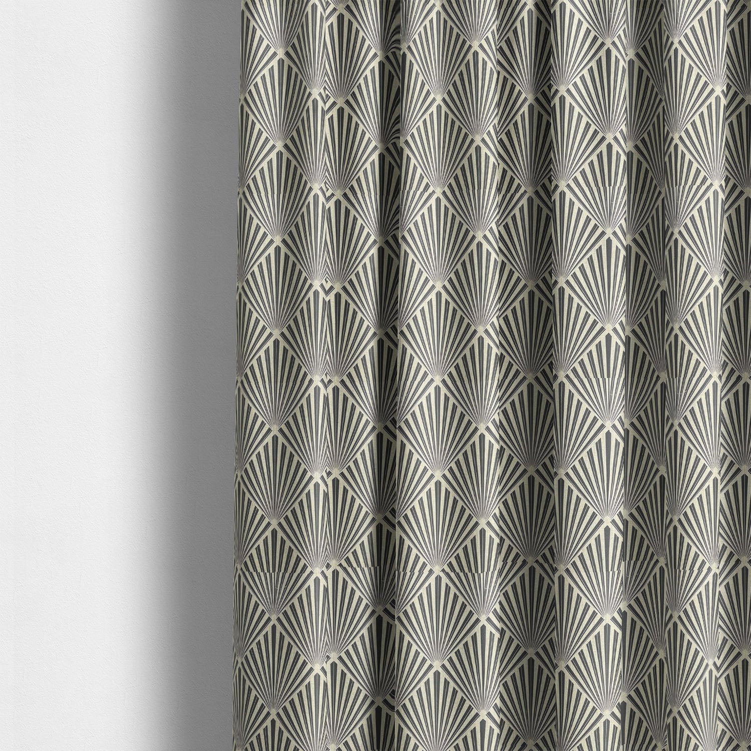     art deco patterned curtain fabric in neutral and gold tones hanging as elegant drapes