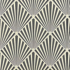     art deco curtain fabric with geometric fan pattern in black and cream on linen blend basecloth