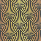     art deco curtain fabric with bold gold fan design printed on dark linen blend curtain fabric