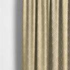    art deco curtain fabric with gold fan pattern styled as luxury curtains in interior setting