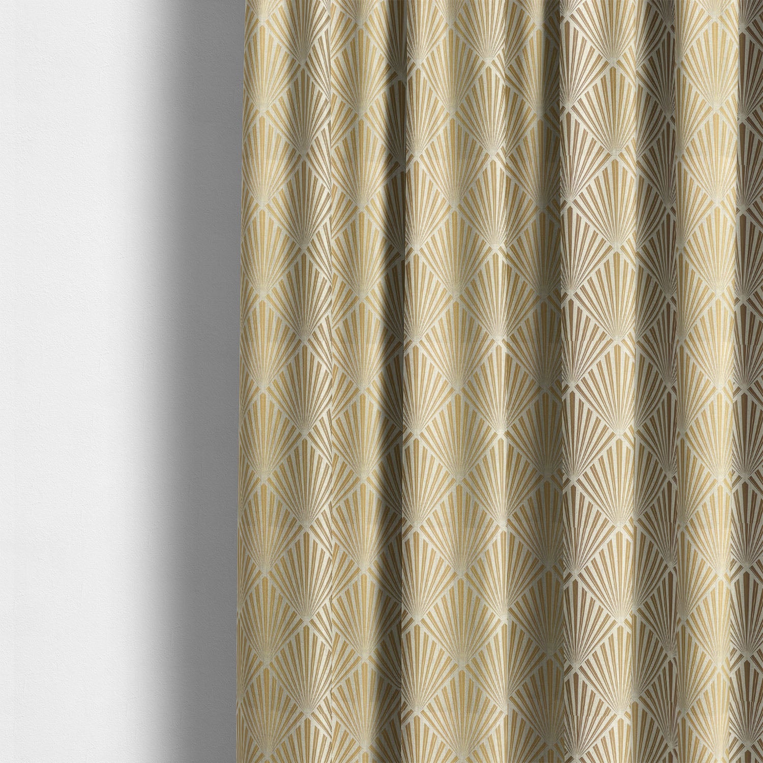     art deco curtain fabric with gold fan pattern styled as luxury curtains in interior setting