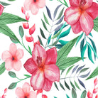 Maylea red floral velvet upholstery fabric with large pink blooms and green botanical leaves on a light ground