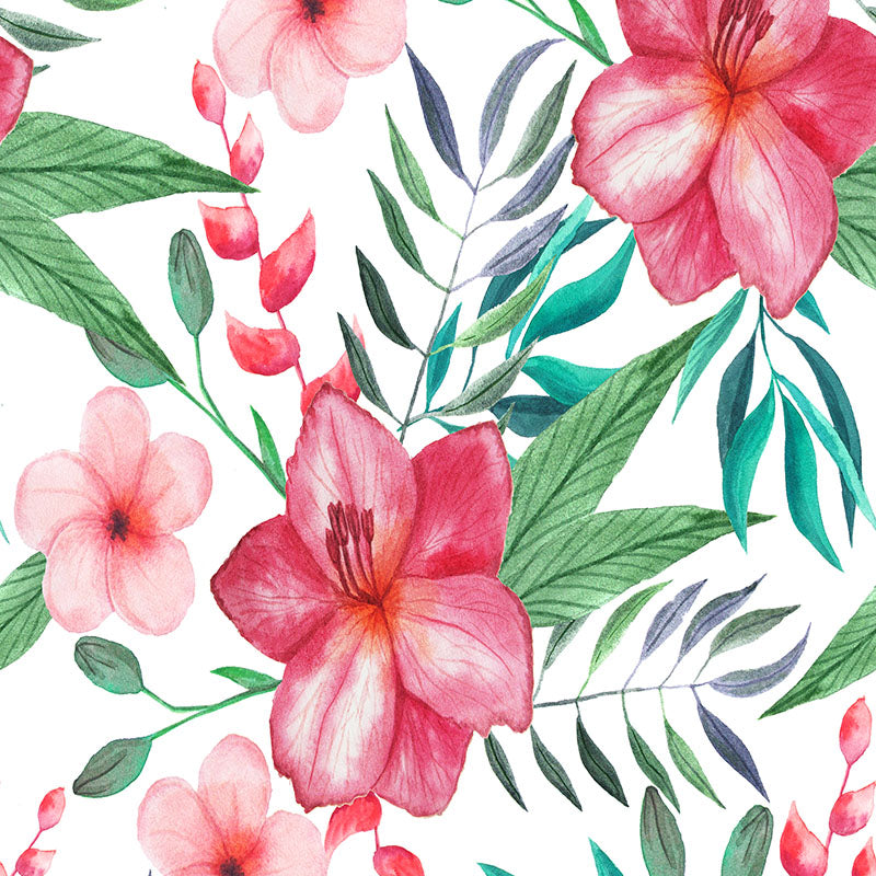 Maylea red floral velvet upholstery fabric with large pink blooms and green botanical leaves on a light ground