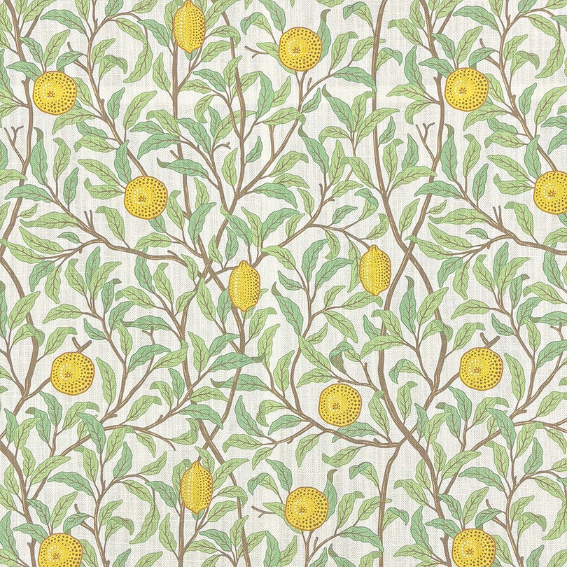 Messina lemon tree design linen curtain fabric – flat view of yellow and green botanical print