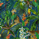 Nelvara jungle velvet upholstery fabric with golden leopards, parrots and lush green foliage on deep blue