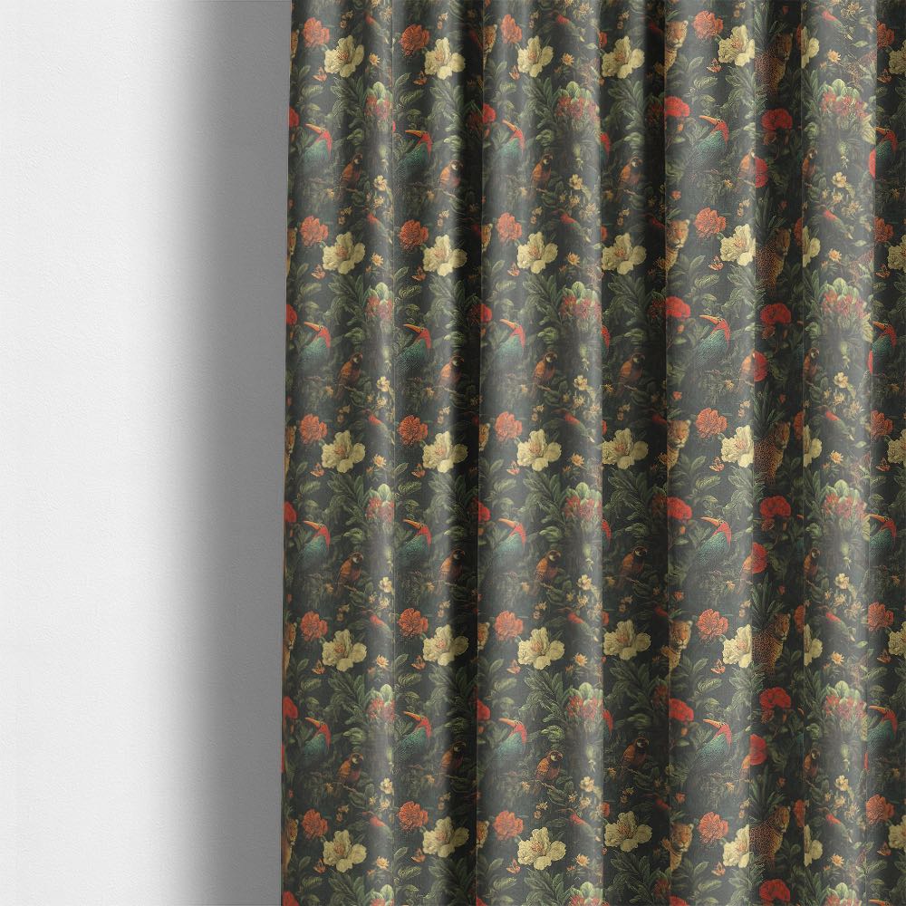 Nevado linen curtain fabric with jungle animal print and floral design in living room setting