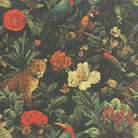 Nevado animal fabric close up showing leopard birds and tropical floral detail on linen