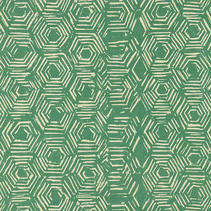 Newton green printed upholstery fabric with textured geometric hexagon pattern in flat swatch view