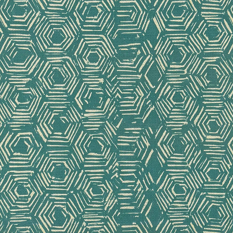 Newton teal upholstery fabric with printed hexagonal geometric design in a fabric swatch layout