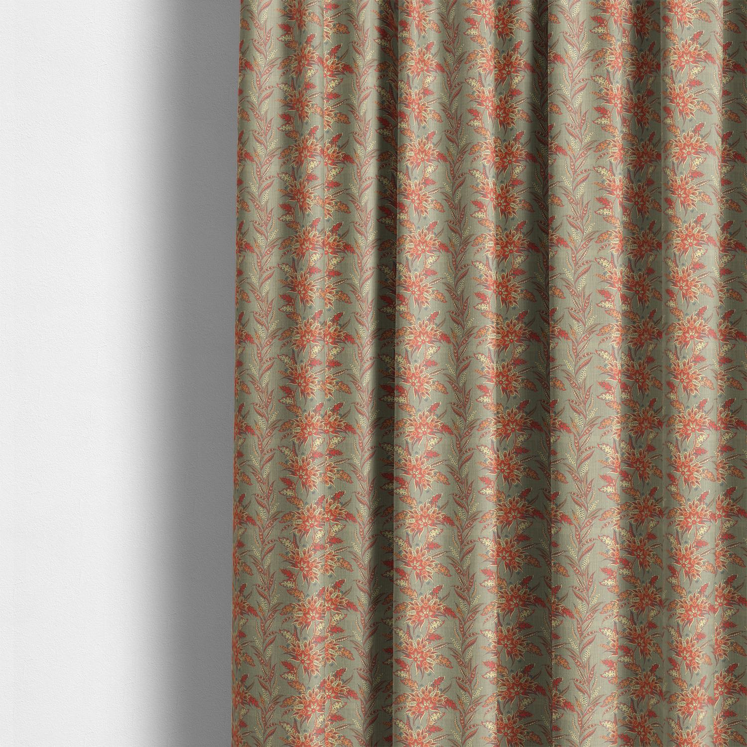 Ophelia floral linen curtain fabric roomset showing patterned curtains in a colourful interior