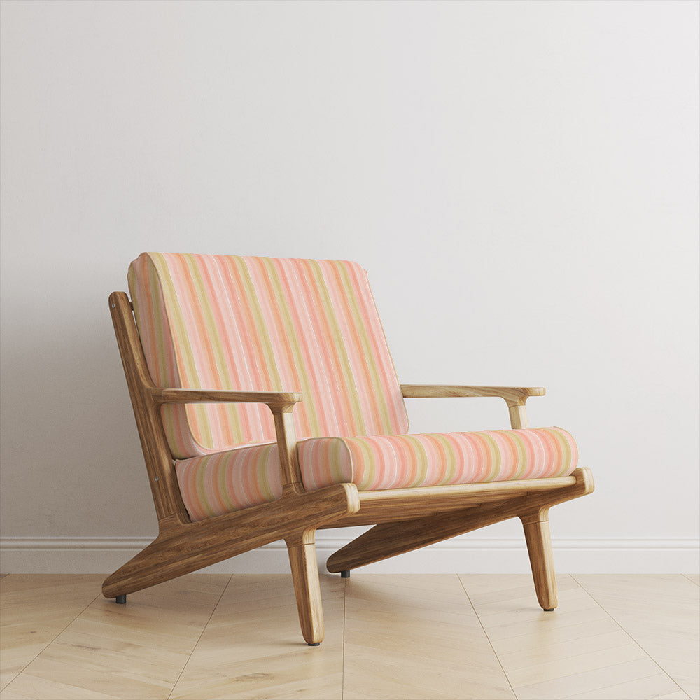 Ohio Stripe Pink Velvet Upholstery Fabric room set displaying soft pink pastel striped velvet on modern wooden seating