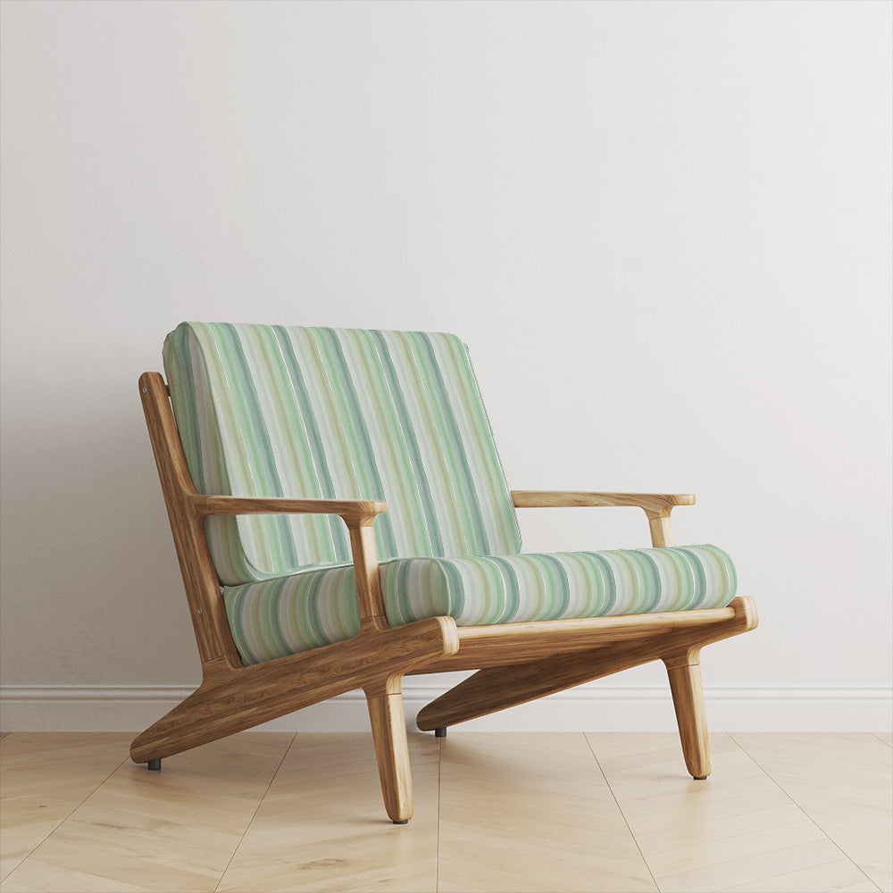 Ohio Stripe Seafoam Velvet Upholstery Fabric room set with seafoam green pastel striped velvet on Scandinavian style chair