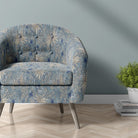 Painswick Blue floral velvet upholstery fabric on accent chair – luxury velvet fabric for curtains and upholstery