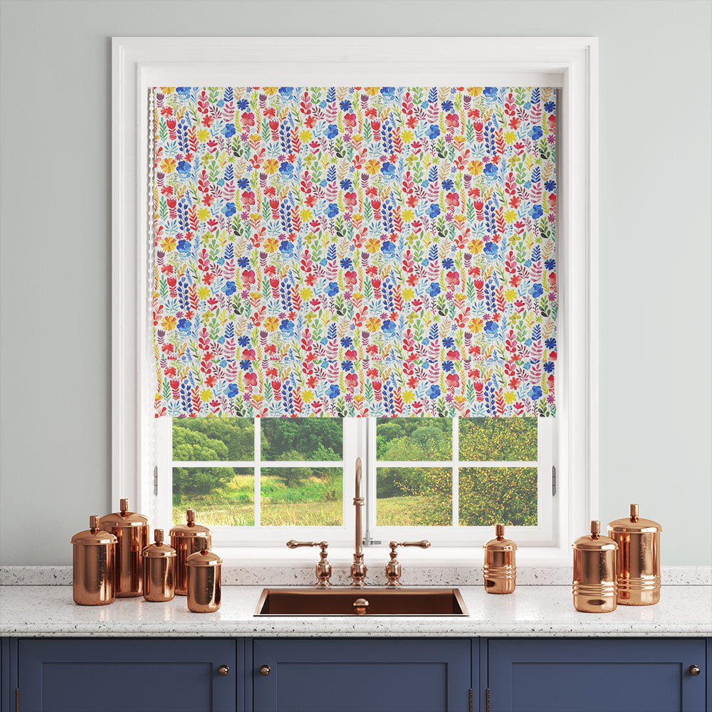 Painted Flower floral linen curtain fabric Roman blind image with colourful flowers