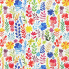 Painted Flower linen curtain fabric flat image with colourful floral pattern on white linen basecloth