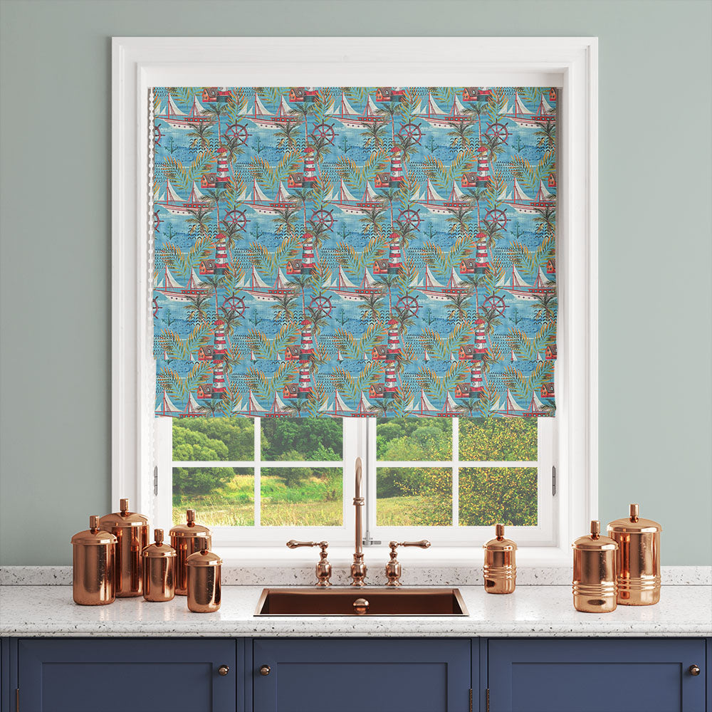 Painted Harbour blue linen curtain fabric Roman blind image in a bright coastal interior