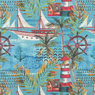 Painted Harbour linen curtain fabric flat image with blue and multicoloured coastal pattern