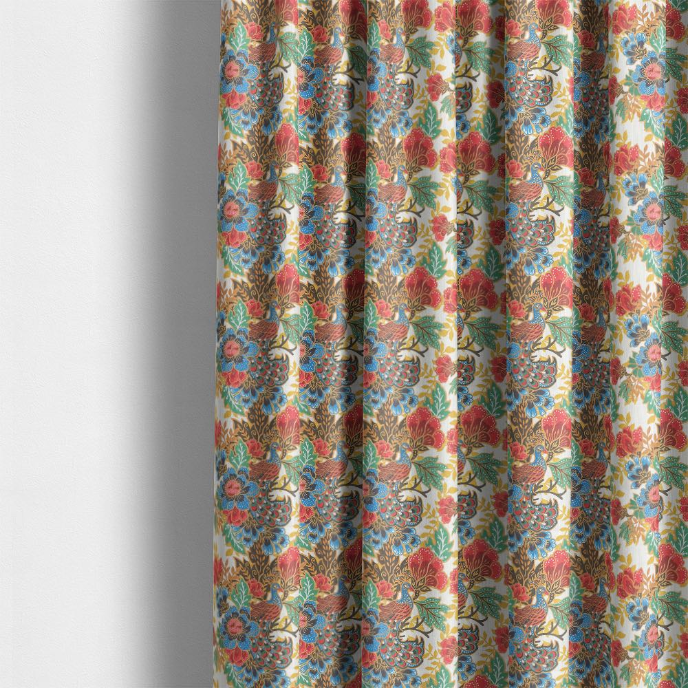 vibrant linen curtain fabric featuring peacock and floral design in rich multicoloured tones with soft drape