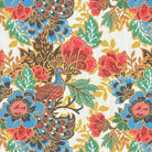 bold peacock curtain fabric with multicoloured floral pattern and painted style bird design on linen blend