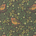 Painterly Bird linen curtain fabric flat image in Green colourway with decorative birds